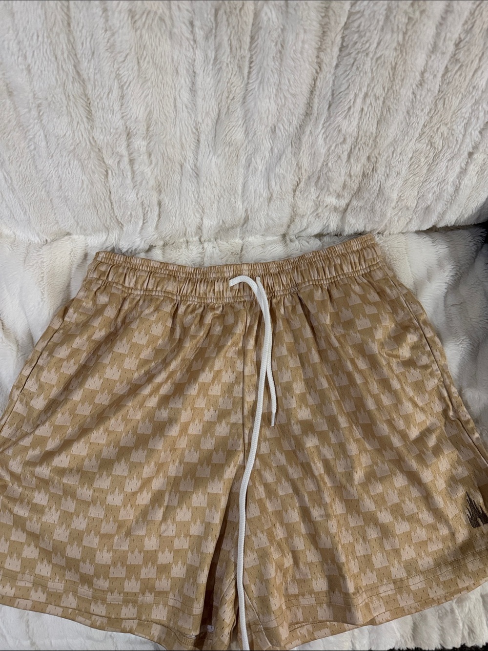 Beige Patterned Drawstring Shorts